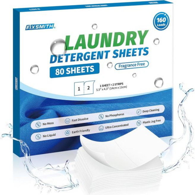 픽스스미스 세탁 세제 시트 - 200로드100매 신선한 린넨 향 저자극성 친환경 스트립 초농축 여행용 시트.플라스틱 프리 리퀴드리스, Unscented, 1 Count (Pack of 80)