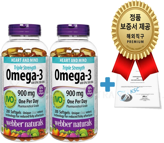 웨버네추럴스 RTG 오메가3 900mg 200정+정품증명서 BC#1341350 캐나다 직배송, 2개, 200정 - 쿠팡