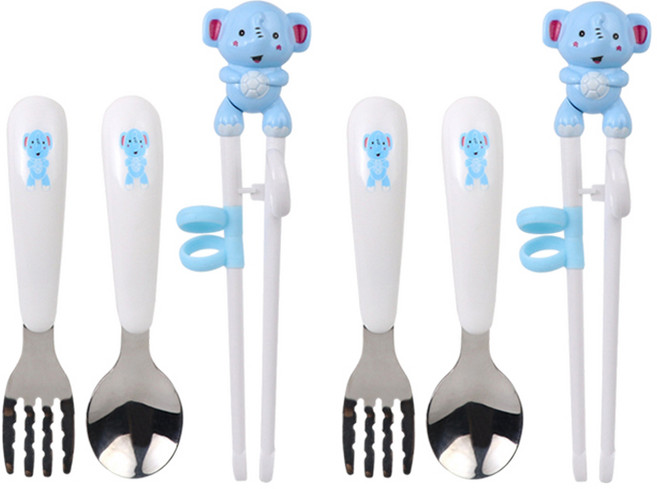 1+1 유아 수저 세트 케이스 포함 교정 젓가락 숟가락 포크 유아동 연습 용 귀여운 캐릭터 실리콘 링 아기 아동 어린이 식기, R99768L(코끼리, 2개, 스푼+포크+젓가락+케이스