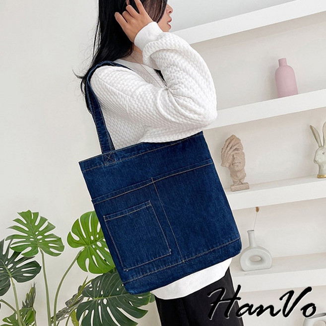 HanVo 簡約大容量牛仔肩背包 韓系百搭多口袋 上課上班包 - C05-1090