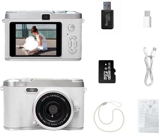 SMABAT 감성 디지털 카메라 듀얼 디지털 카메라 셀카 렌즈 내장 플래쉬 128G SD카드 포함, 화이트