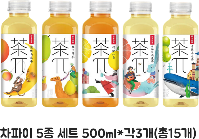 왕부정 중국 음료수 차파이 5가지 500ml x 15개(각3개) 박스단위, 1박스, 7.5L