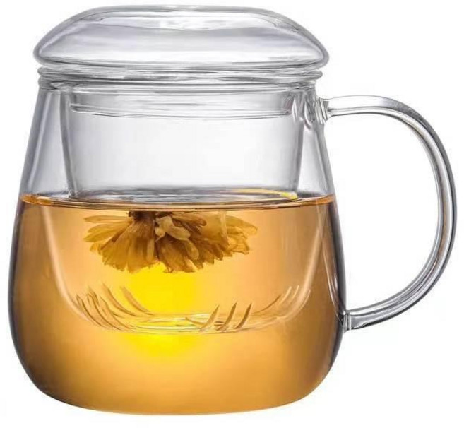 玻璃杯茶杯 帶把過濾泡茶杯 耐熱辦公水杯, 300ml, 小蘑菇三件式泡茶杯, 1個