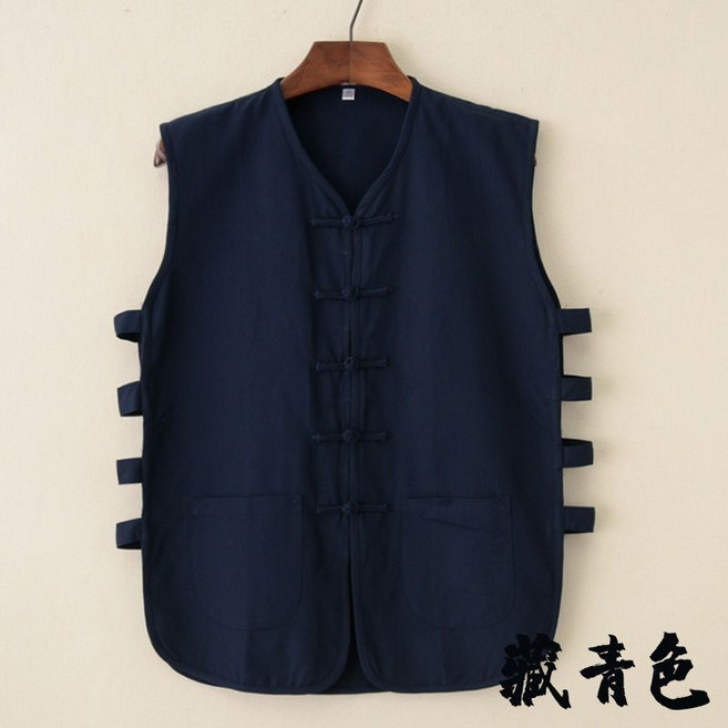 文藝復古 新中式 棉麻馬甲短褲套裝 夏季寬松透氣盤扣復古馬褂, 1個, 店鋪熱銷-8886藏青色上衣【清涼透氣】L推薦115-130斤