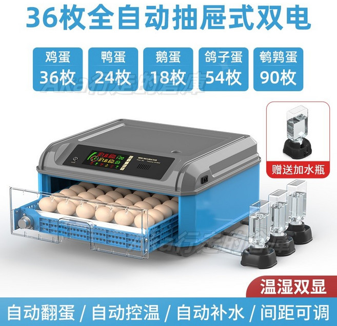 110V全自動蘆丁孵化機，小雞鴨鵝多用孵蛋器，智能恆溫均勻受熱，家用小型孵化箱, 1個, 36枚全自動（雙電+溫度+濕度+天數）