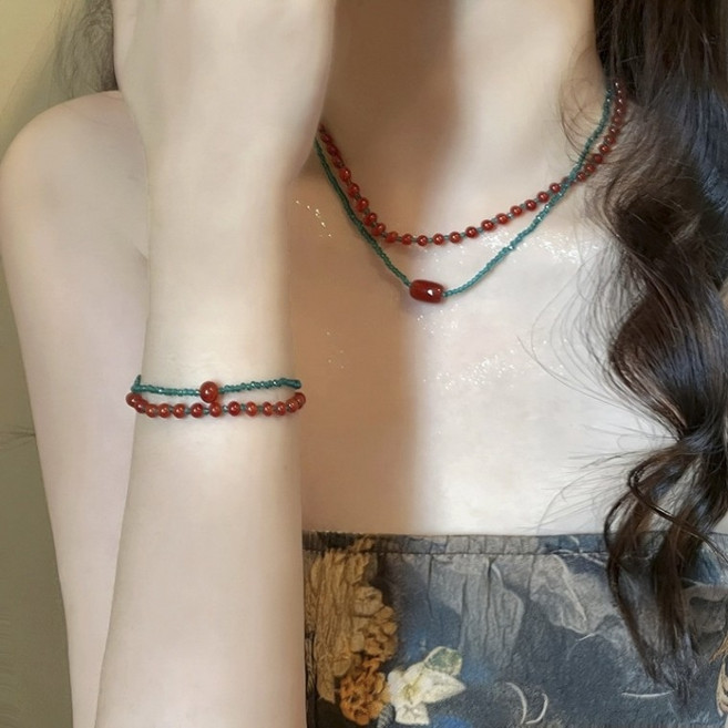 딜리버샵 레드+블루 비즈목걸이 2종 팔찌 2종 레이어드 세트