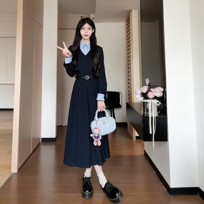 스타일닥터 여성 롱 원피스 패션 카라넥 긴팔 캐주얼 원피스 빅사이즈 봄가을 데일리룩 셔츠원피스