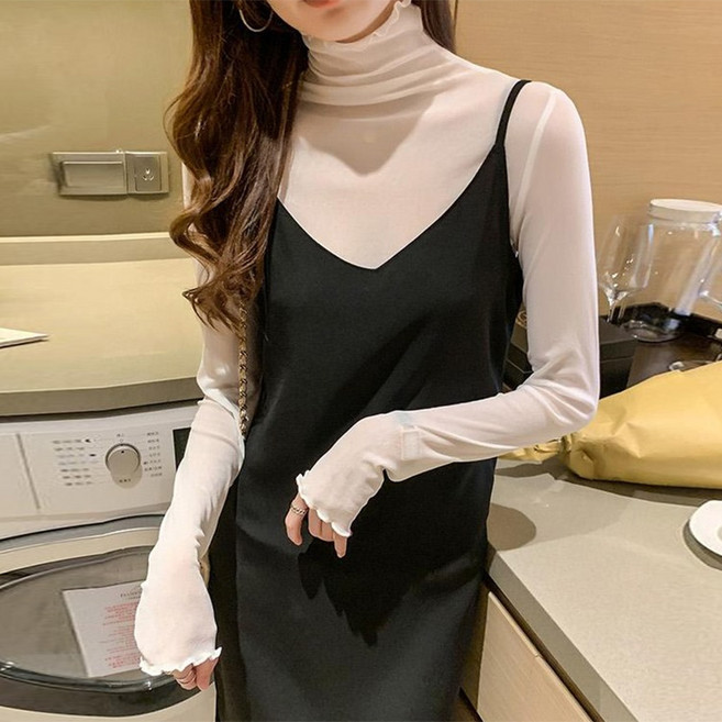 다이뻐 자체제작 국산 자체제작 국산 시스루 망사 레이스 이너 레이어드 셔링 블라우스티 심플 신축성좋은 겨울 봄 블라우스 프릴 데일리 여친룩 빅사이즈