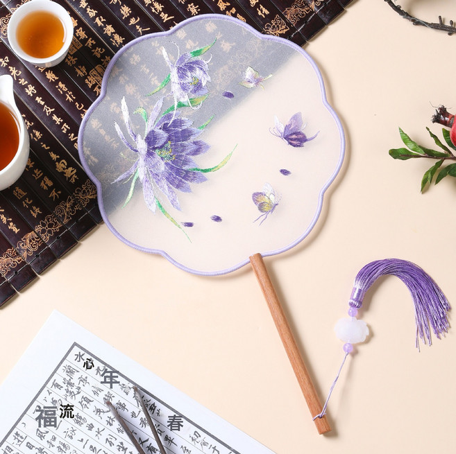 DIU 夏季新古風扇子蘇州雙面刺繡團扇舞蹈用國風漢服旗袍圓扇中國風, 1個, 刺繡扇-八瓣曇花仙子:如圖