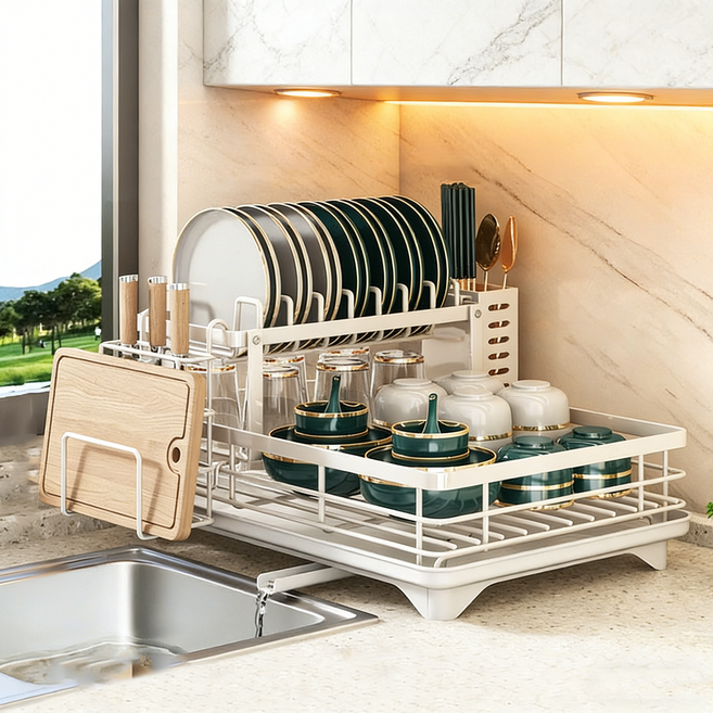 DS 분리 가능 1단 2단 식기건조대 수저통 도마거치대 자동배수 물빠짐 선반, 화이트, 1개