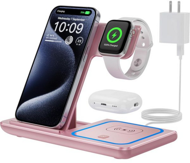 iPhone용 무선 충전기 여러 장치용 충전 스테이션 Apple 3 in 1 스탠드 Watch iPhone 및 AirPod 어댑터가 있는 패드핑크색와 호환됩니다, 아이폰용 무선 충전기 여러 장치 충전 스테이션 Appl