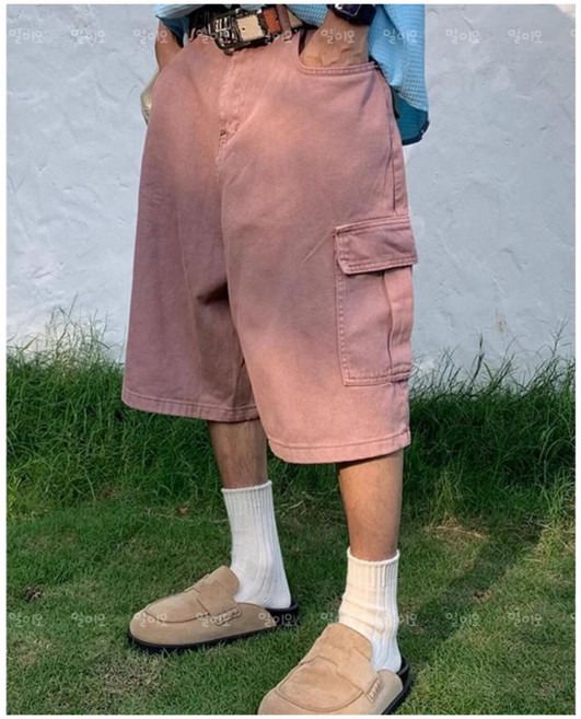 일이오 남자 릴렉스 오버핏 버뮤다 카고 5부 데님팬츠