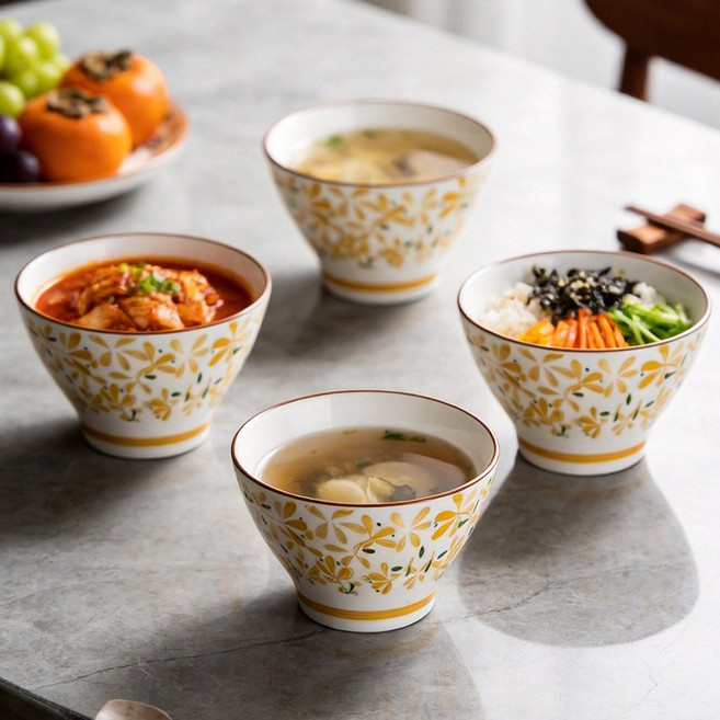 WHH 라면 그릇 우동 짬뽕 덮밥 냉면 면기 순수 도자기 면기 세트, 4개, 카멜