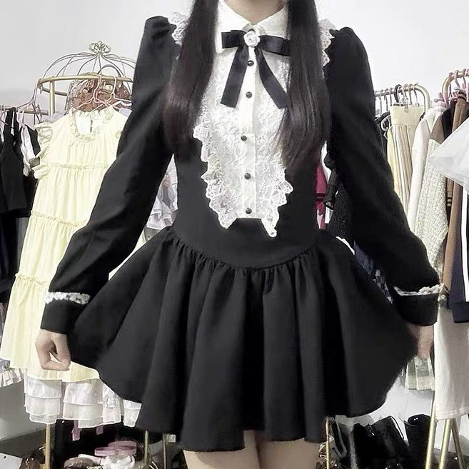 빅사이즈 공주풍 로리타양복 양산형 지뢰계 핑크 미니 원피스, B. 블랙