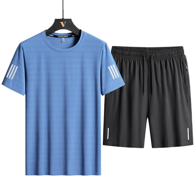L-8XL 大尺碼冰絲涼感運動套裝 男生短袖T恤休閒短褲兩件套 (台灣現貨)