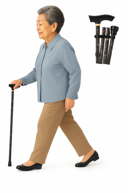 플로엔트 초경량 꽃무늬 접이식 지팡이 어르신 길이 조절 패션 휴대용 지팡이, 1개, 블랙(Black)