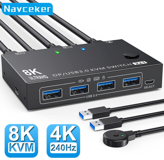 Navceker 4K 240Hz DP 2.1 KVM 스위치 2 PC 8K USB 3.0 디스플레이포트 KVM 스위치 2입력 1출력 디스플레이 1 모니터 2 컴퓨터, ZY-201DP