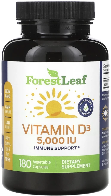 Forest Leaf 비타민D3 125mcg(5000IU) 베지 캡슐 180정, ForestLeaf비타민D3125mcg5000IU베지캡, 1개 - 쿠팡