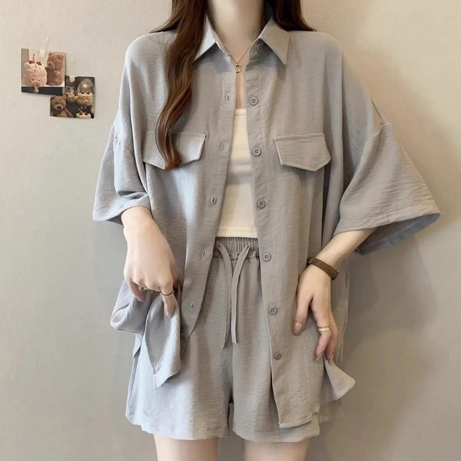 Kingfishe 여성 여름 캐주얼 투피스 반팔 셔츠 반바지 세트 사은품랜덤발송 cong717Qp2