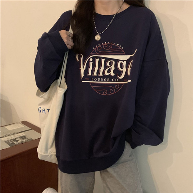 韓版長款衛衣 女生美式大印花落肩上衣 長袖情侶裝 寬鬆顯瘦百搭