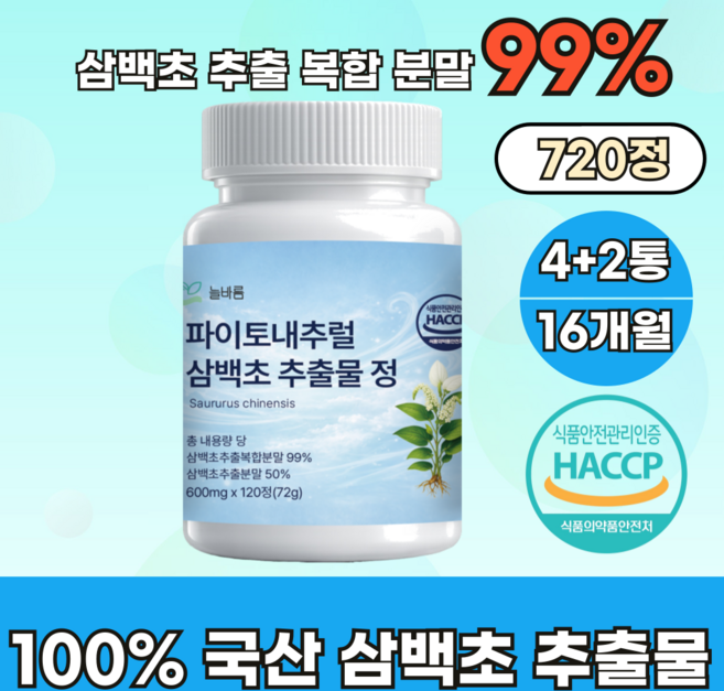 늘바름 파이토내추럴 삼백초 추출물 100% 정품 haccp 인증 시설 제조, 6개, 120정