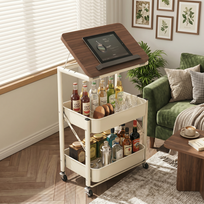 Dune 듀네 오픈형 상판 트롤리 이동식 수납 선반 3단 바퀴형 다용도 거실 주방 인테리어 카트, 2단, 흰색