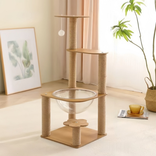 TaiStar 다묘용 고양이 타워튼튼 스크래치 포스트우주캡슐 놀이 공간T856-012, 1개, 나무색