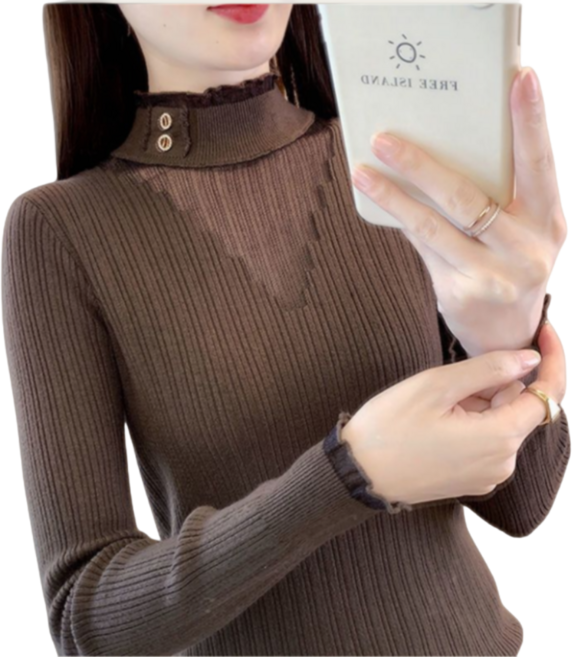 Makone 여성 봄 가을 시스루 반폴라 프릴 소매 레이스 이너 니트 티셔츠