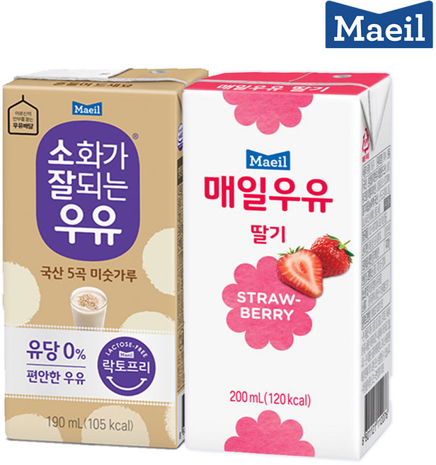 매일유업 소화가잘되는 미숫가루 멸균 우유 190ml 24팩 + 멸균 매일우유 딸기 200ml 24팩, 1세트