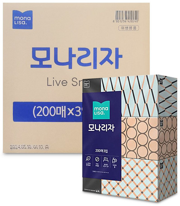 모나리자 미용티슈 천연펄프 2겹, 200매, 24개