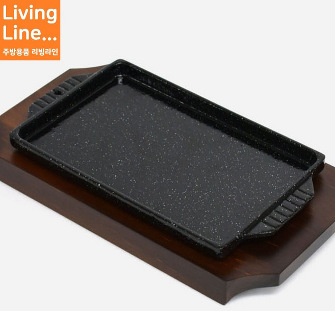 코팅된 무쇠 법랑팬+목판 직사각 구이팬 콘치즈 생선구이 업소용 스테이크팬 인덕션가능 내구성이 뛰어난 음식점 주물팬, 1개, 사각주물팬[받침포함]