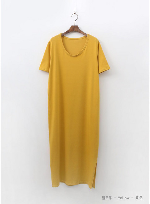 [아이엠수] 레이디 모달 유브이넥 원피스 여성 반팔롱원피스 발목길이 모달 홈웨어 트임원피스