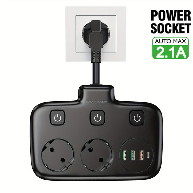 EU KR 플러그 전원 스트립 AC 콘센트 USB C 포트가 있는 멀티탭 전기 벽 소켓 연장 코드 고속 충전 네트워크 필터, T2435 Black, T2435 Black, 1개