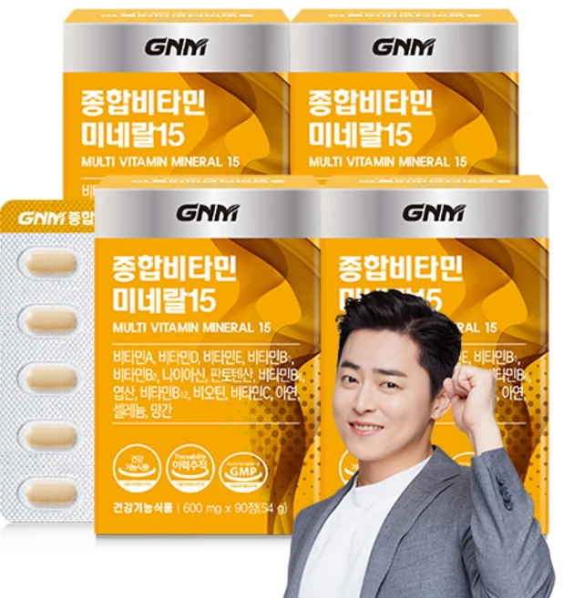 [1박스당 3개월분] GNM 종합비타민 미네랄 15 / 멀티비타민 비오틴 아연 엽산 비타민B C D, 90정, 4개 - 쿠팡