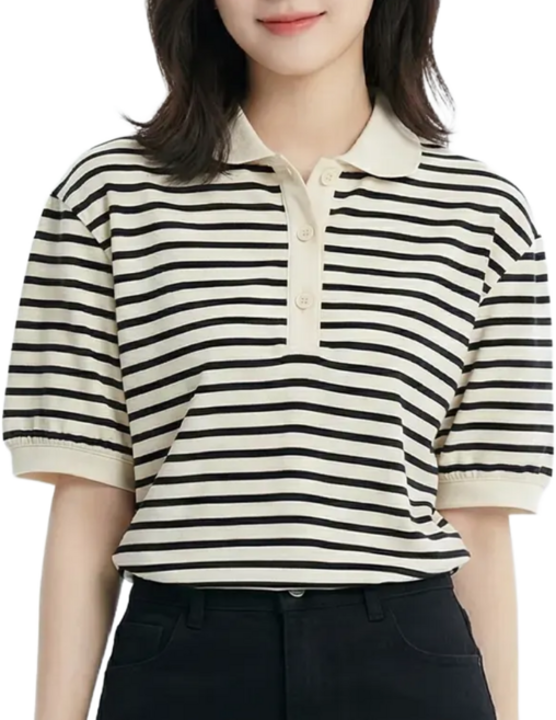 바이로이 여성 스트라이프 카라 스판 반팔 티셔츠