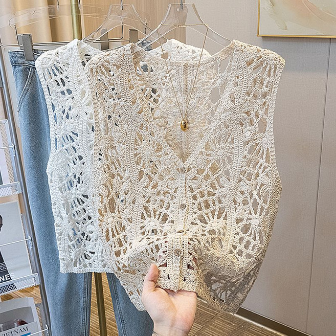 여름용 여성 V넥 그물 뜨개 니트 조끼 캐주얼 루즈핏 민소매 레이어드 아우터 베스트