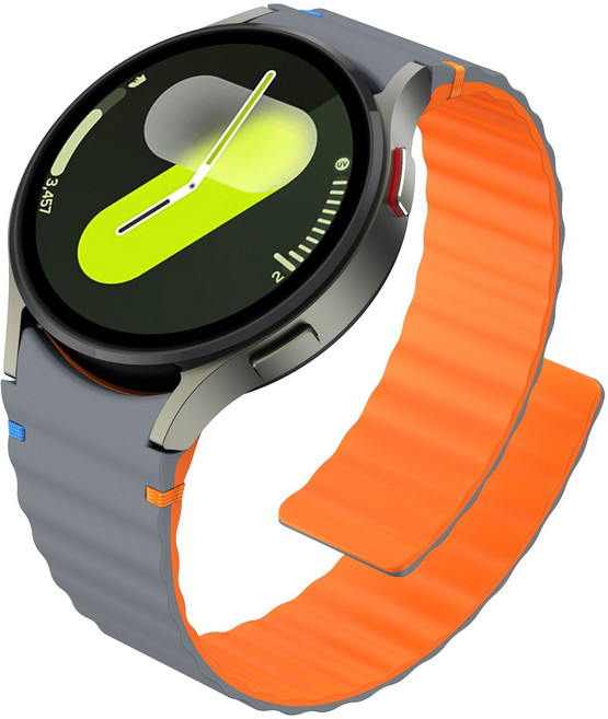 갤럭시워치4/5/6/7호환 실리콘 마그네틱 스트랩 컬러풀한 스티치 디자인, 오렌지/그레이