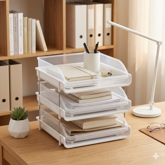 락톡마켓 A4 서류정리함 오픈형 슬라이드 트레이 책상정리함 사무실 파일보관함, 3단, 화이트+반투명