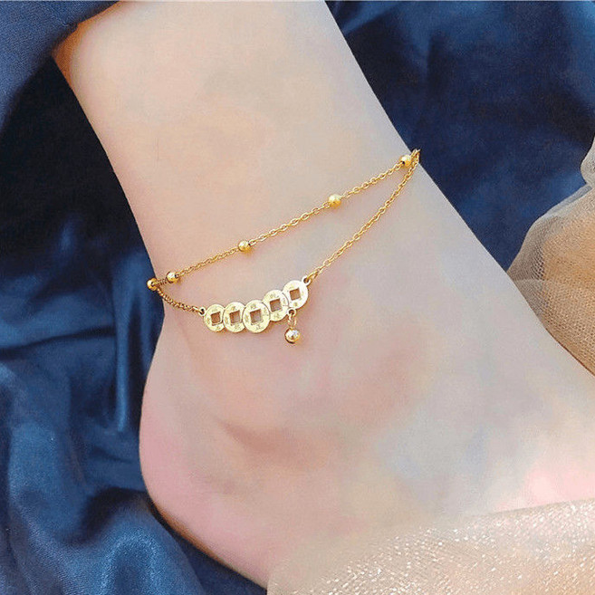 라오농 "퇴색하지 마십시오 목욕은 입을 수 있습니다" 티타늄 스틸 복고풍 중국 스타일 더블 구리 동전 행운의 발 체인 가장 친한 친구 발찌 +12nHsd