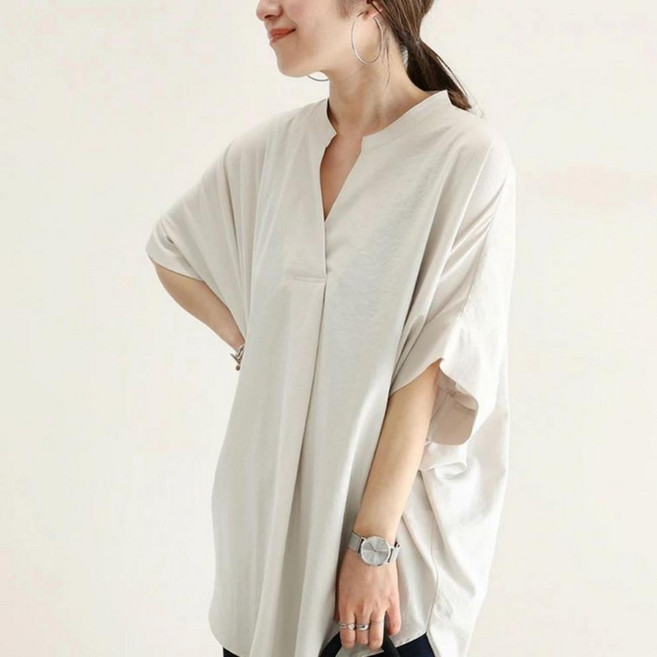 FINE ART 여성 가오리 롱 셔츠 브이넥 남방 오버핏 블라우스 빅사이즈 반팔 티셔츠 캐주얼 롱티 데일리