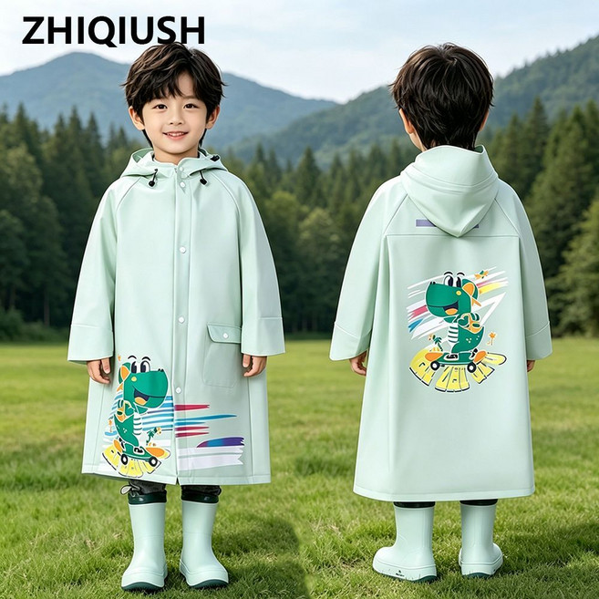 兒童雨衣 小學生/幼兒園 防水防暴雨 加厚全身雨披, 1個, 綠色卡通款【書包位+大帽檐】2XL建議身高145-160厘米