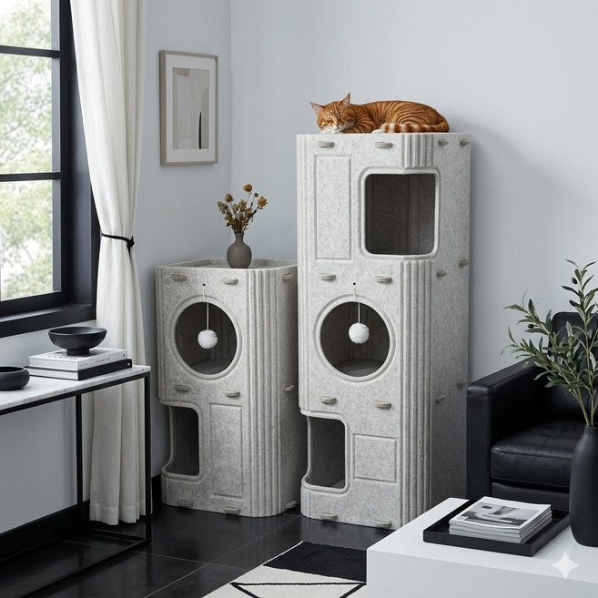 HAPPOM 고양이 캣타워 스크래쳐 숨숨집 수직형 공간절약 고양이하우스 3단 놀이타워, 1개, 그레이2단