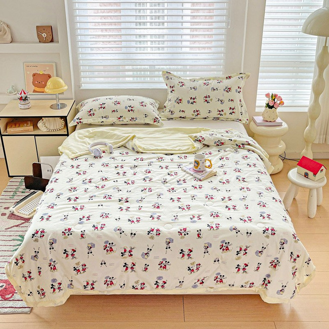 세탁 가능한 면 이중 거즈 대두 섬유 이불 에어컨 이불 코어 여름 시원한 이불 얇은 여름 이불 싱글/더블 기계 세탁 가능, 110x150cm 여름 이불, 음악을 듣는 미키