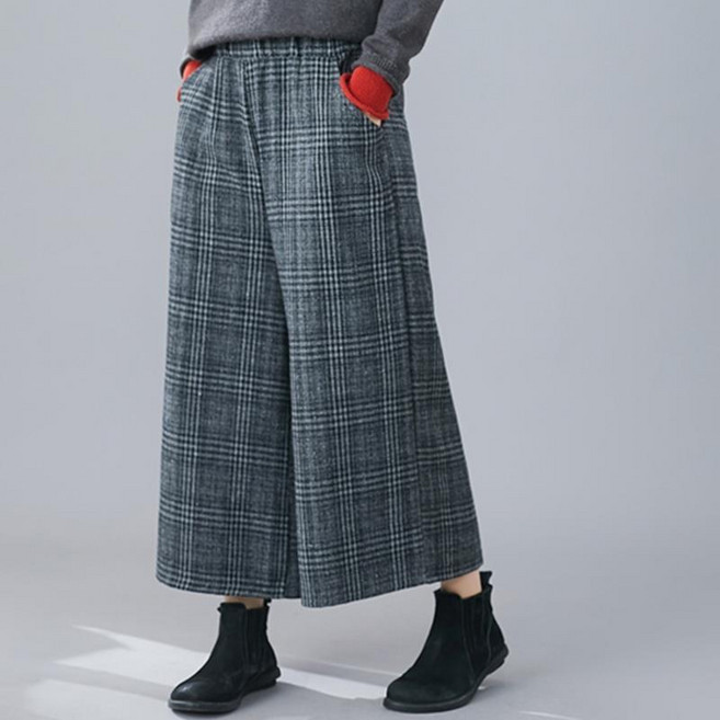 쁘띠꼬모 여성 빅사이즈 허리밴딩 체크 치마바지 캐주얼 9부 와이드 팬츠 H522309