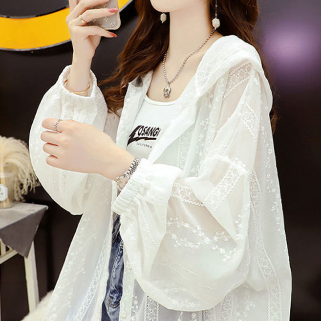 데일로엔 여성용 여름 레이스 디테일 루즈핏 후드집업