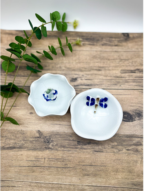 가지와나무 미니 화분 희망과 행운의 상징 귀여운 개구리 잠자리 도자기 수반, 개구리수반