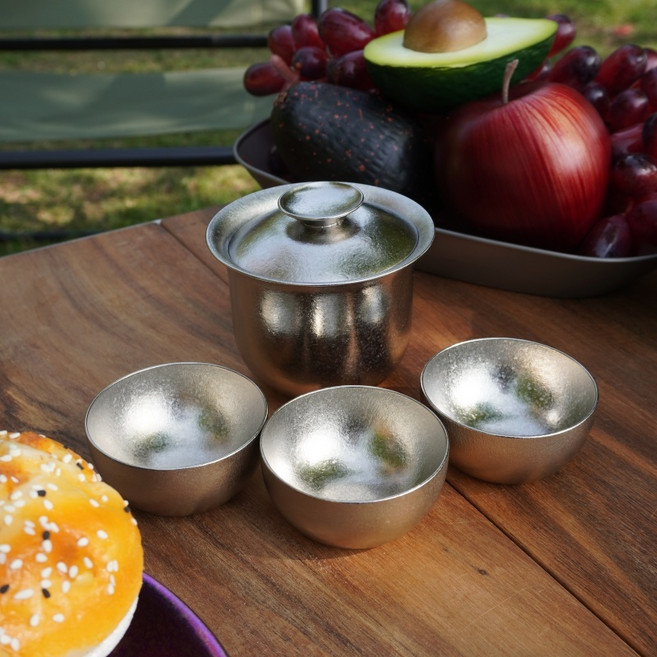 Snow rock 純鈦冰花蓋碗茶具套裝 高級鈦合金透光 無毒環保耐用 輕巧便攜茶道必備, 1個, 盖碗+两个冰花小圆杯