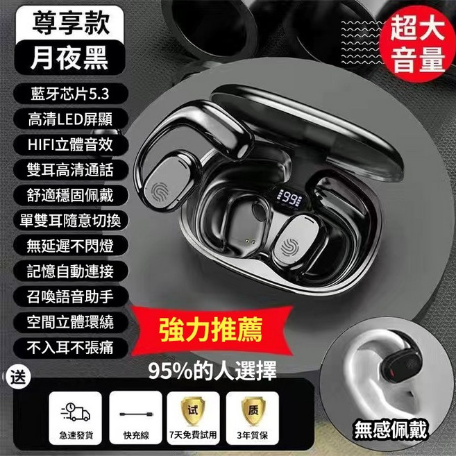 碩石D20A真骨傳導藍牙耳機 掛耳式運動降噪防水防汗超長續航無線耳機, 經典黑【質保+Type-C快充】,標準音質+記憶連接無數顯, D20A