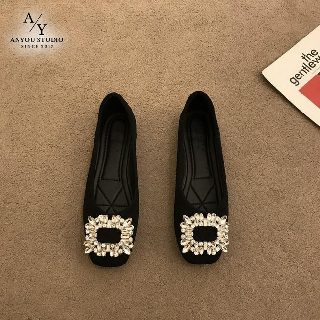 ANYOU 여성 블랙 스퀘어토 큐빅 스퀘어버클 2cm 굽 플랫슈즈 발편한 오피스 데일리 데이트 출근 단화
