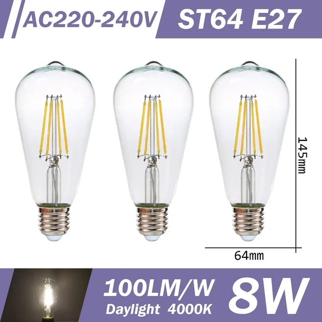 3pcs 레트로 Led 전구 E27 B22 E14 C35 A60 ST64 AC220-240V 에디슨 필라멘트 빈티지 따뜻한 유리 램프 조, 15 ST64 E27 4000K, 01 AC220-240V